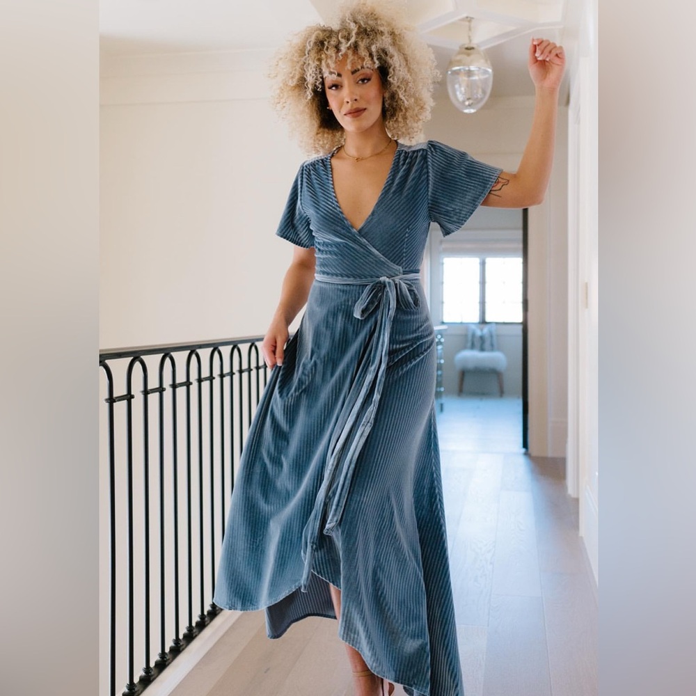 Baltic Born Steel Blue Velvet Wrap Dress